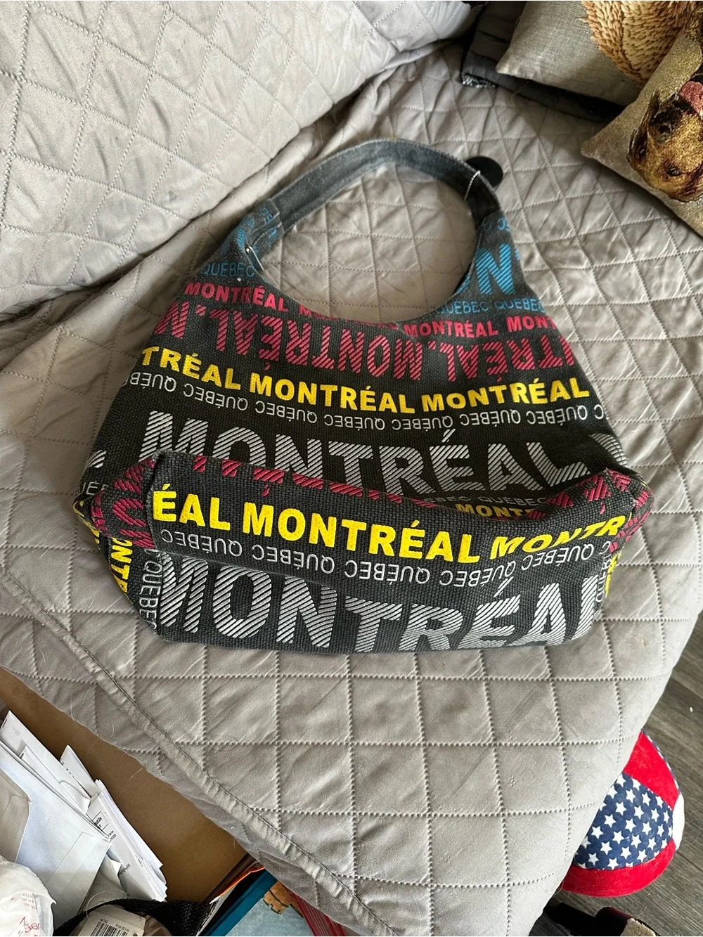 Robin Ruth Black Hobo Bag with Multicolor Montreal Text